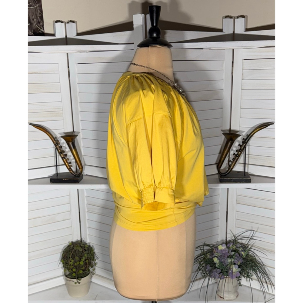 Chico's yellow puffed sleeves top tie knot front waist length blouse sz XL - Picture 4 of 10
